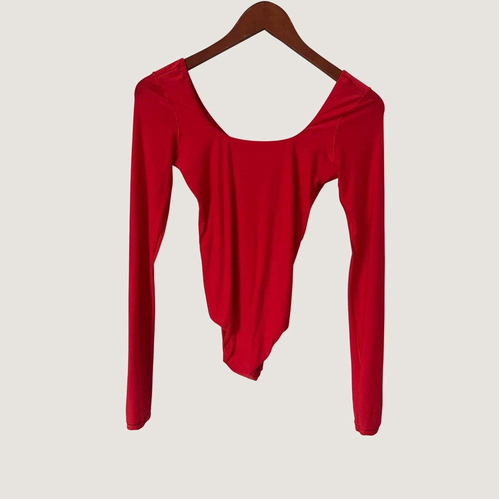 Aerie Smoothez Red Long Sleeve Bodysuit Scoop Neck Small S/P Thong Back